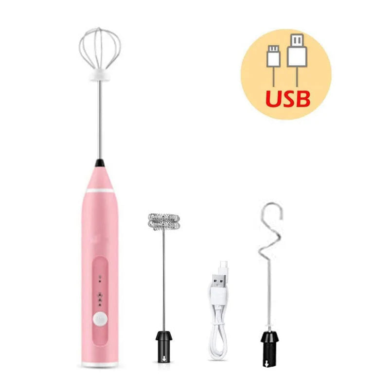 Electric Milk Frother USB Rechargeable 3 Interchangeable Heads