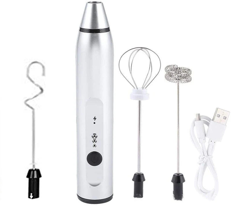Electric Milk Frother USB Rechargeable 3 Interchangeable Heads