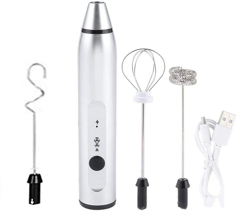 Electric Milk Frother USB Rechargeable 3 Interchangeable Heads