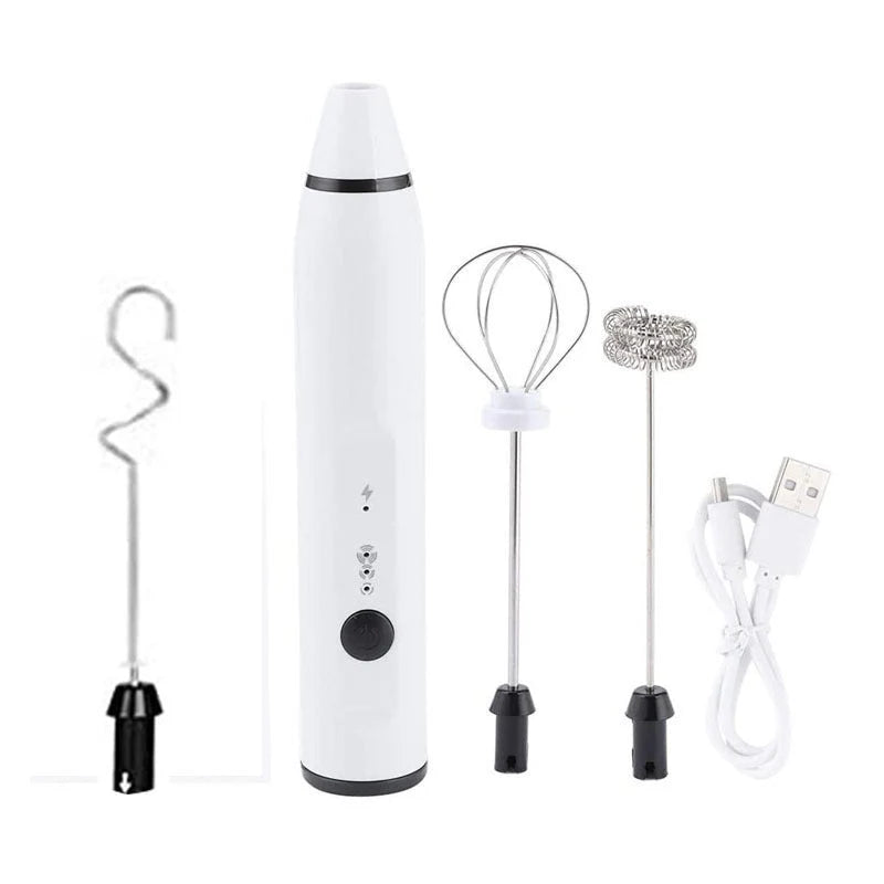 Electric Milk Frother USB Rechargeable 3 Interchangeable Heads