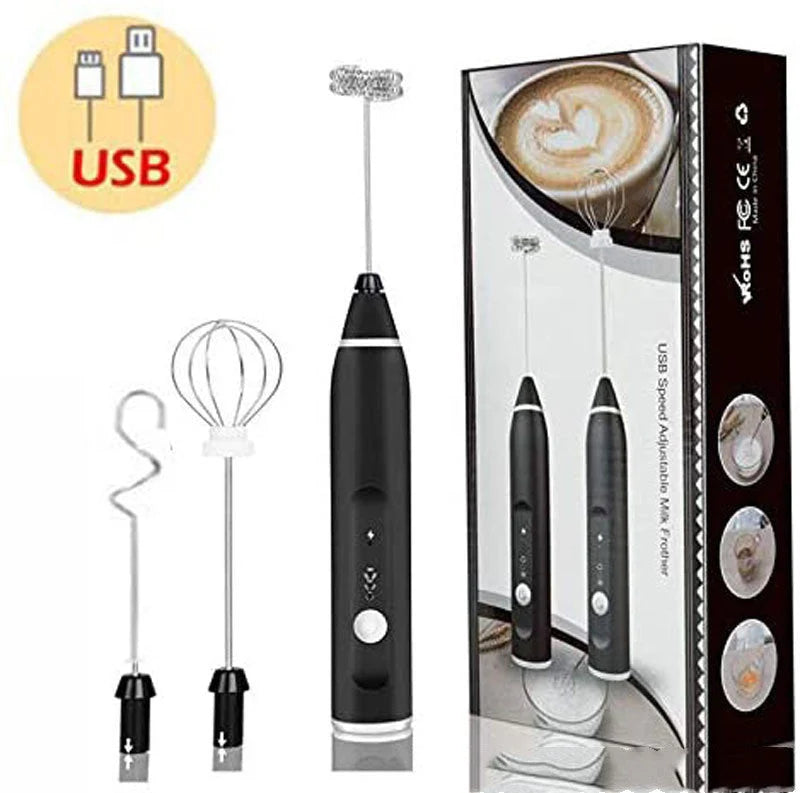 Electric Milk Frother USB Rechargeable 3 Interchangeable Heads