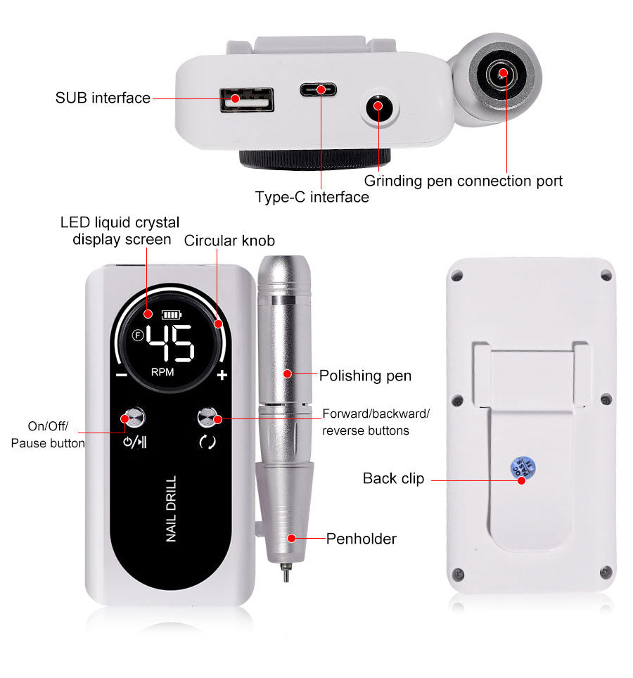 Electric Nail File Rechargeable Portable 45000 RPM Low Noise