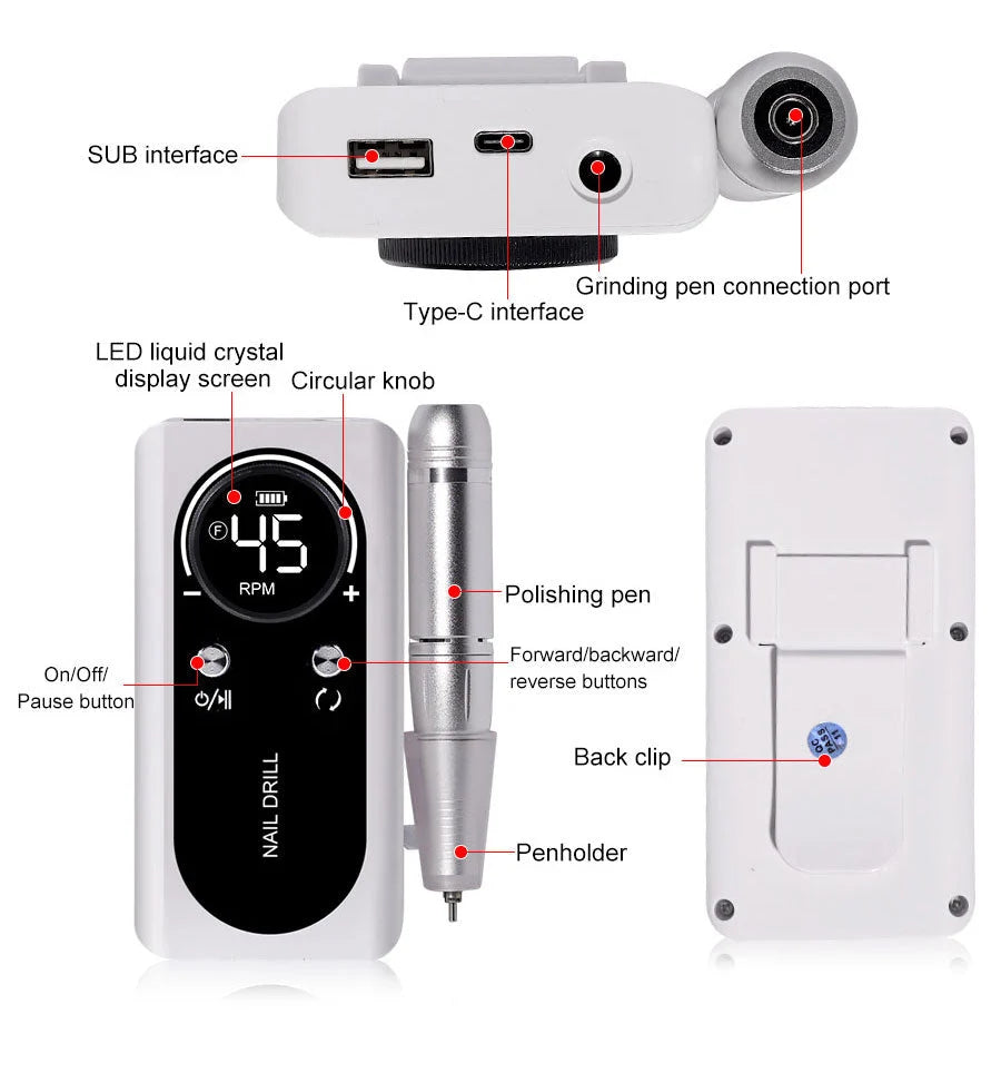 Electric Nail File Rechargeable USB Low-Noise 45000 RPM