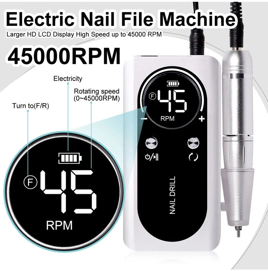 Electric Nail File Rechargeable USB Low-Noise 45000 RPM