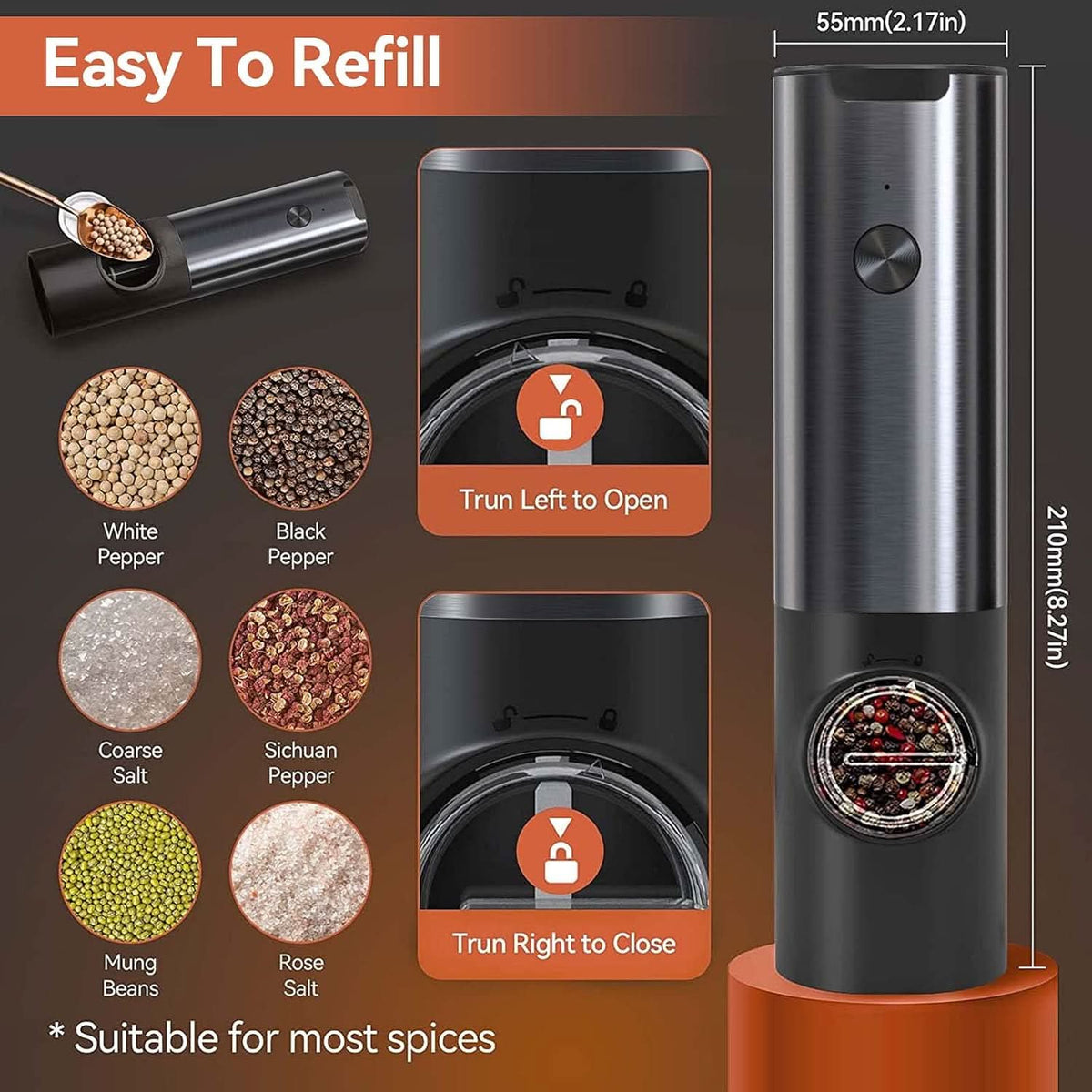 Electric Salt & Pepper Grinder Set One-Handed Adjustable Grind
