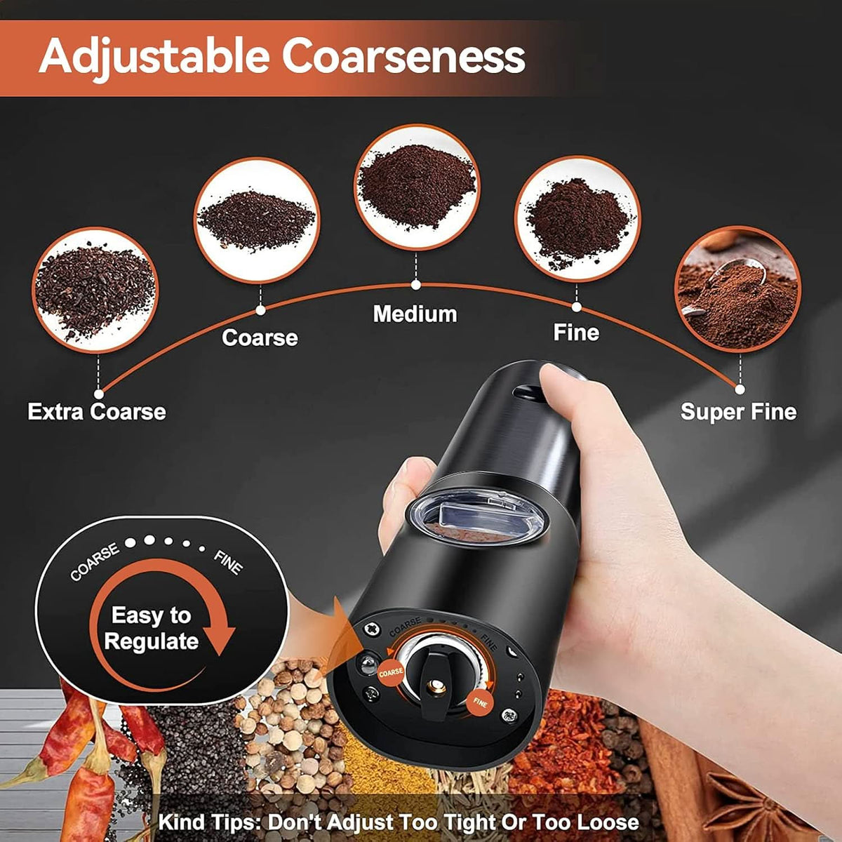 Electric Salt & Pepper Grinder Set One-Handed Adjustable Grind
