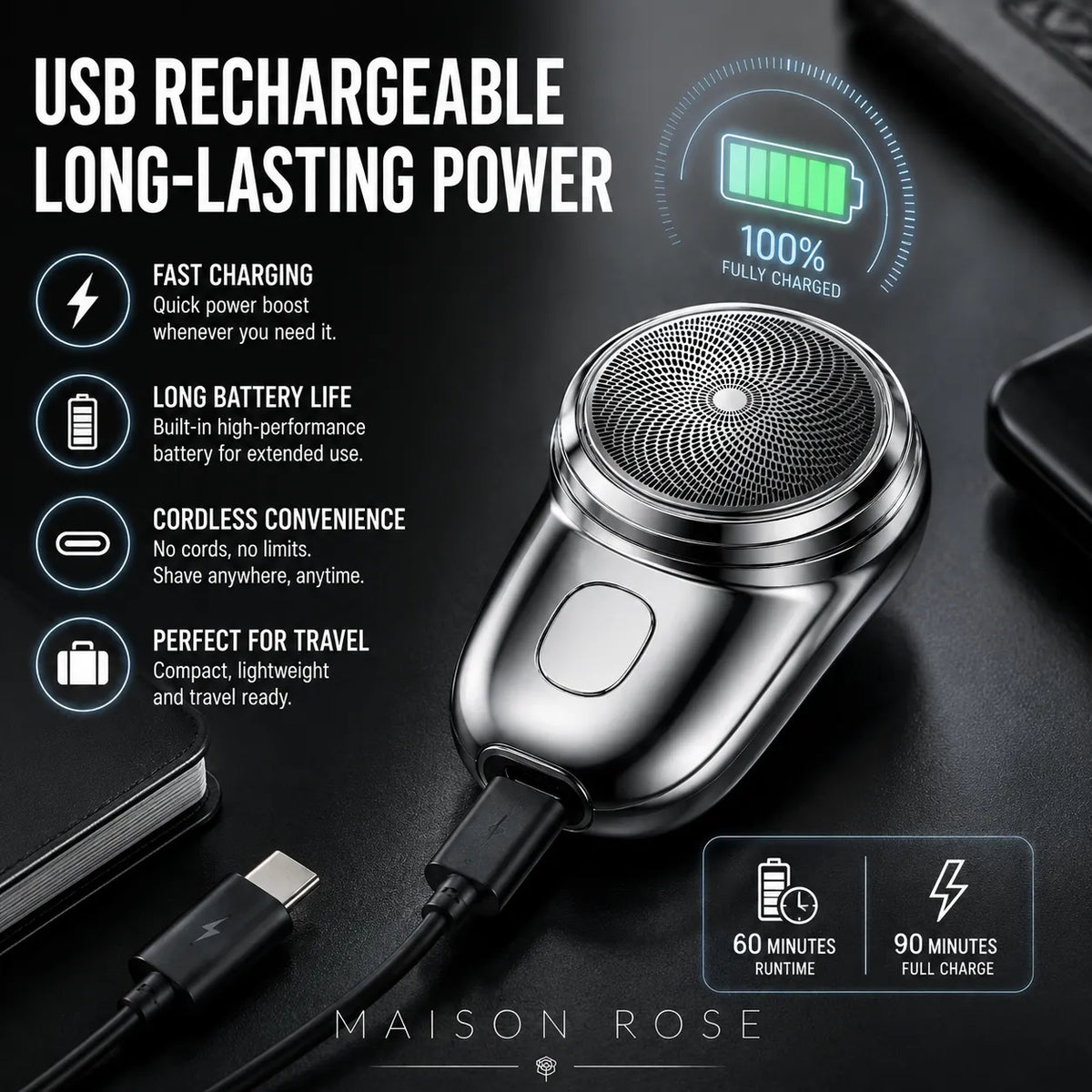 Electric Shaver Compact Waterproof USB Rechargeable