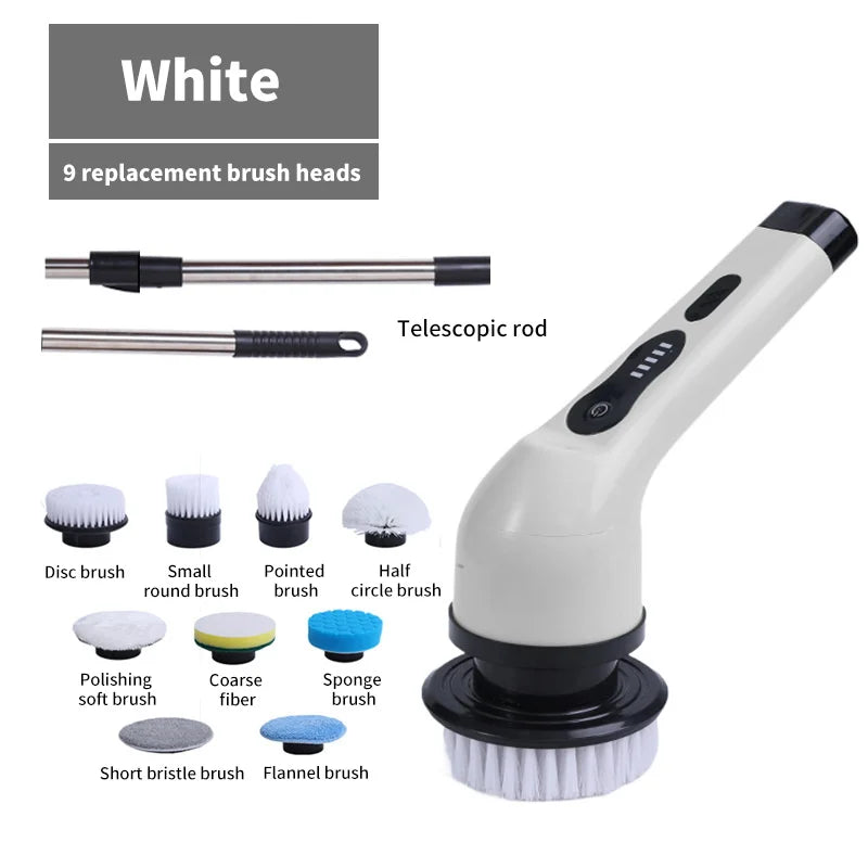 Electric Spin Cleaning Brush 9 Interchangeable Heads Extendable Handle