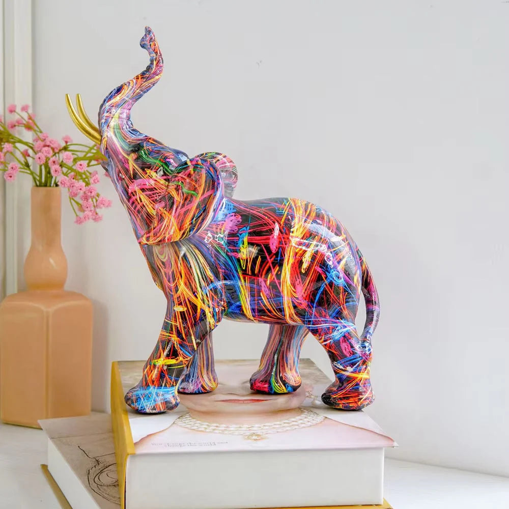 Elephant Sculpture Resin Colorful Graffiti Accent