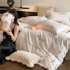 Embroidered Bedding Set Cotton Percale Floral Four-Piece