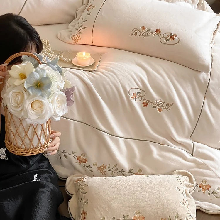 Embroidered Bedding Set Cotton Percale Floral Four-Piece