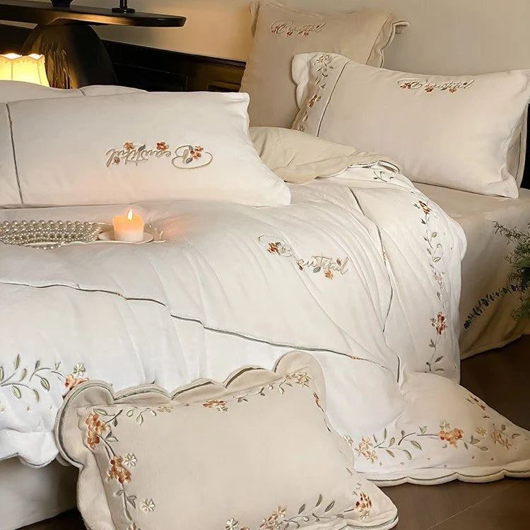 Embroidered Bedding Set Cotton Percale Floral Four-Piece