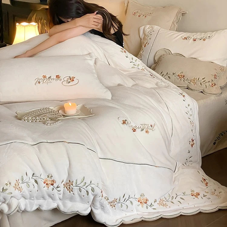 Embroidered Bedding Set Cotton Percale Floral Four-Piece