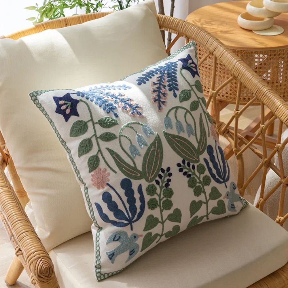 Embroidered Botanical Microfiber Cushion Cover (18x18)