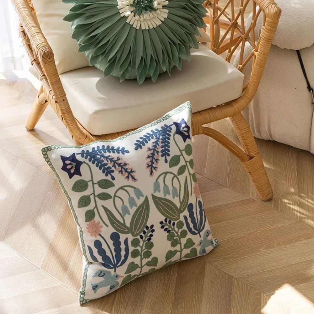 Embroidered Botanical Microfiber Cushion Cover (18x18)