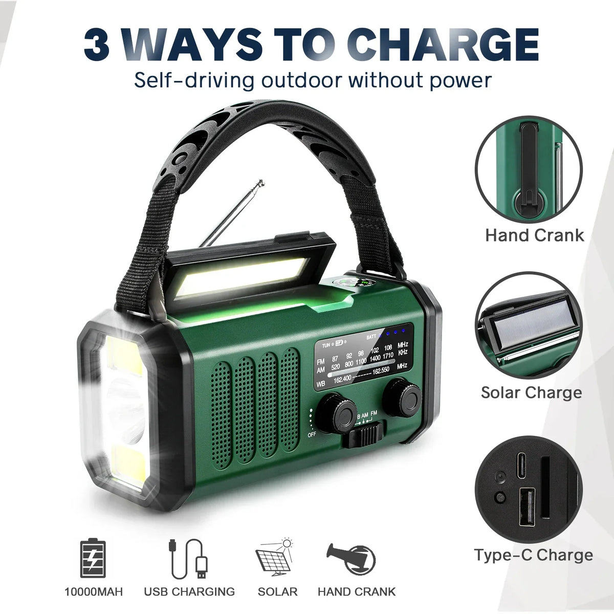 Emergency Radio 10,000mAh Power Bank Solar & Hand Crank