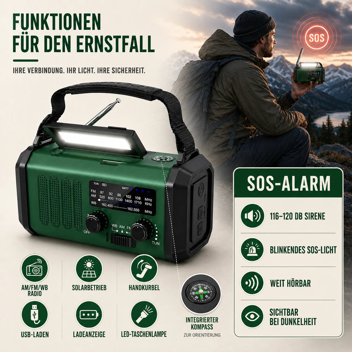 Emergency Radio Hand Crank & Solar Power Bank