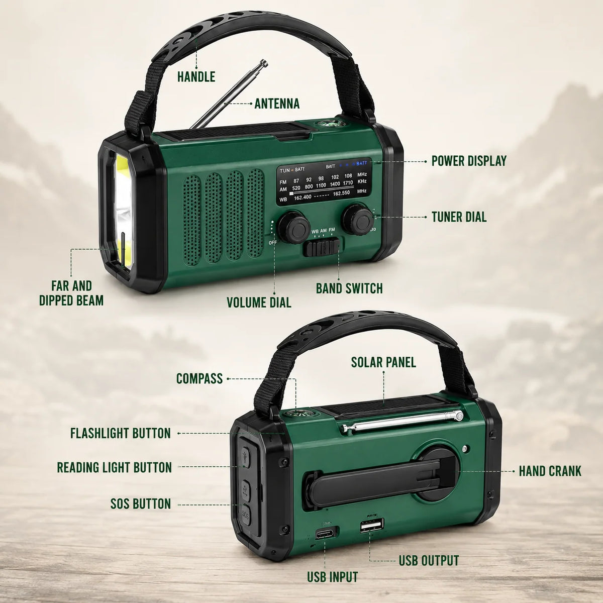 Emergency Radio Hand Crank & Solar Power Bank