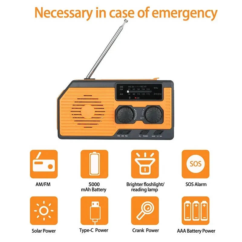 Emergency Radio Solar & Hand Crank 5000mAh Power Bank