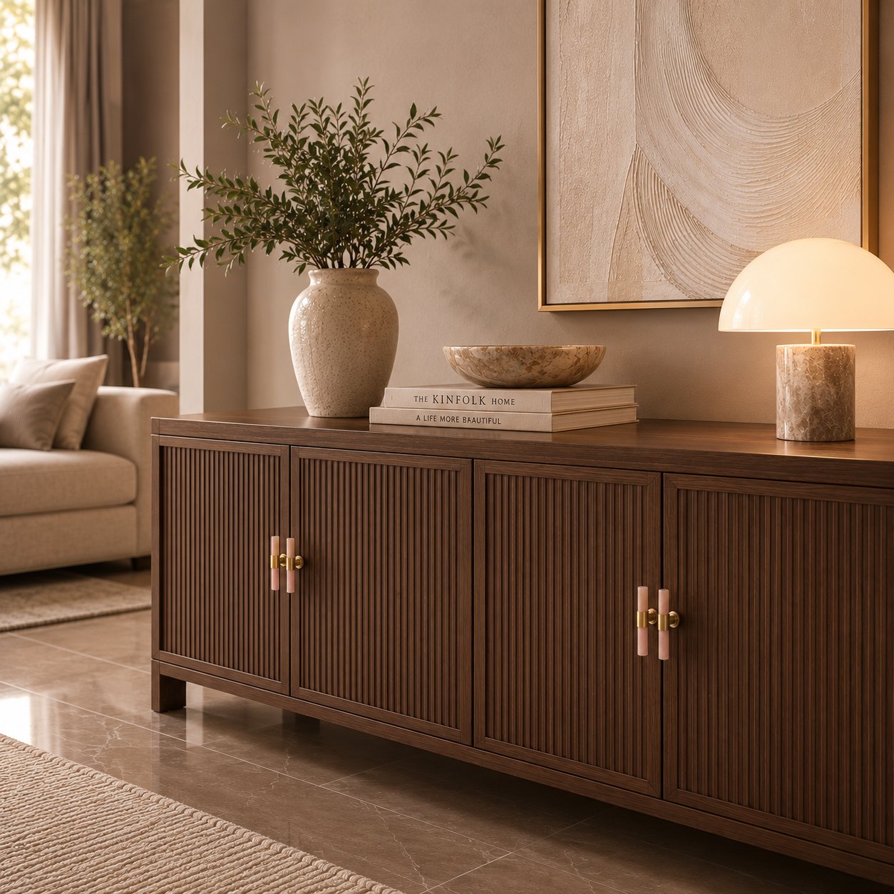 Ergonomic Brass & Marble Cabinet Handle (3.8 in Center-to-Center)