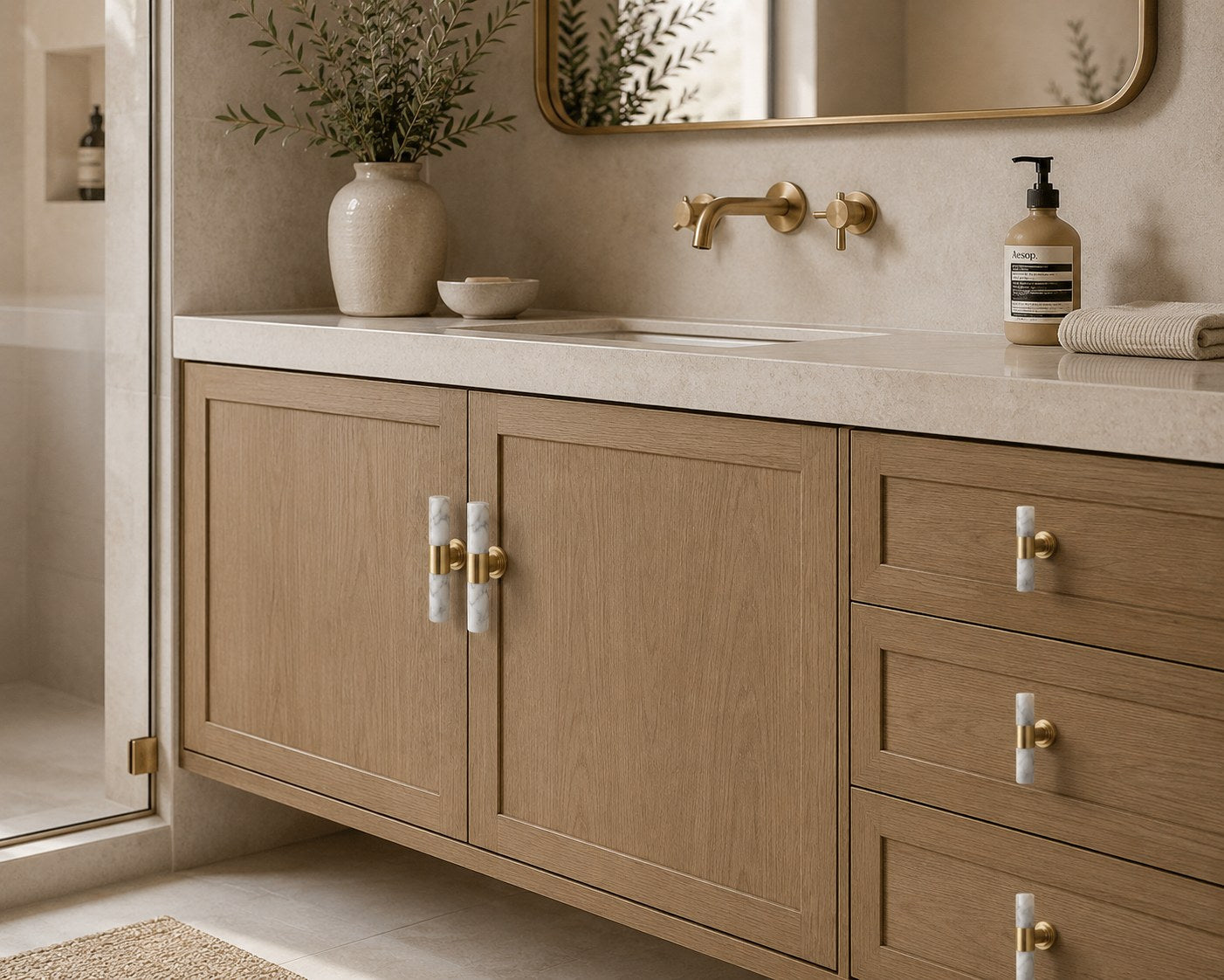 Ergonomic Brass & Marble Cabinet Handle (3.8 in Center-to-Center)