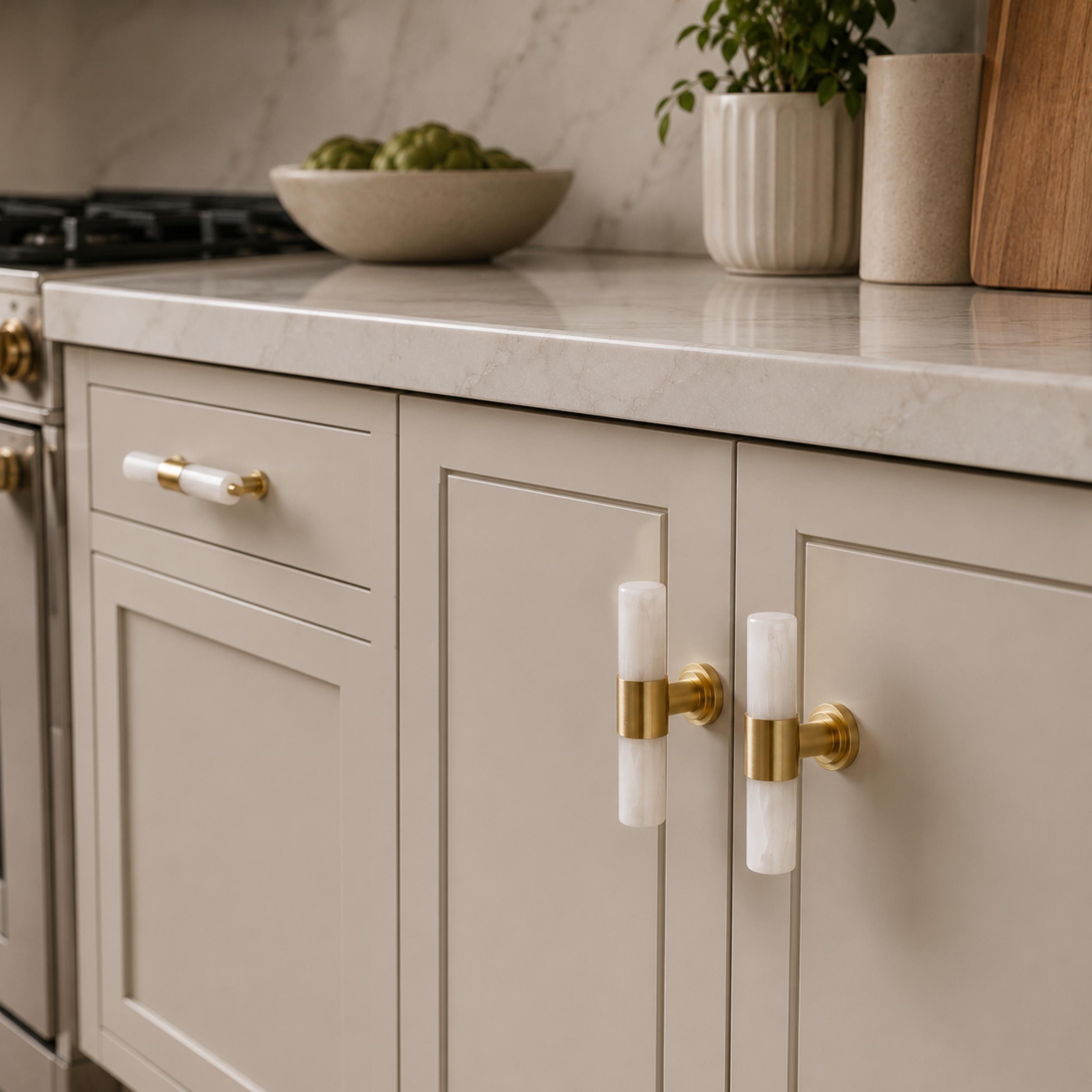Ergonomic Brass & Marble Cabinet Handle (3.8 in Center-to-Center)