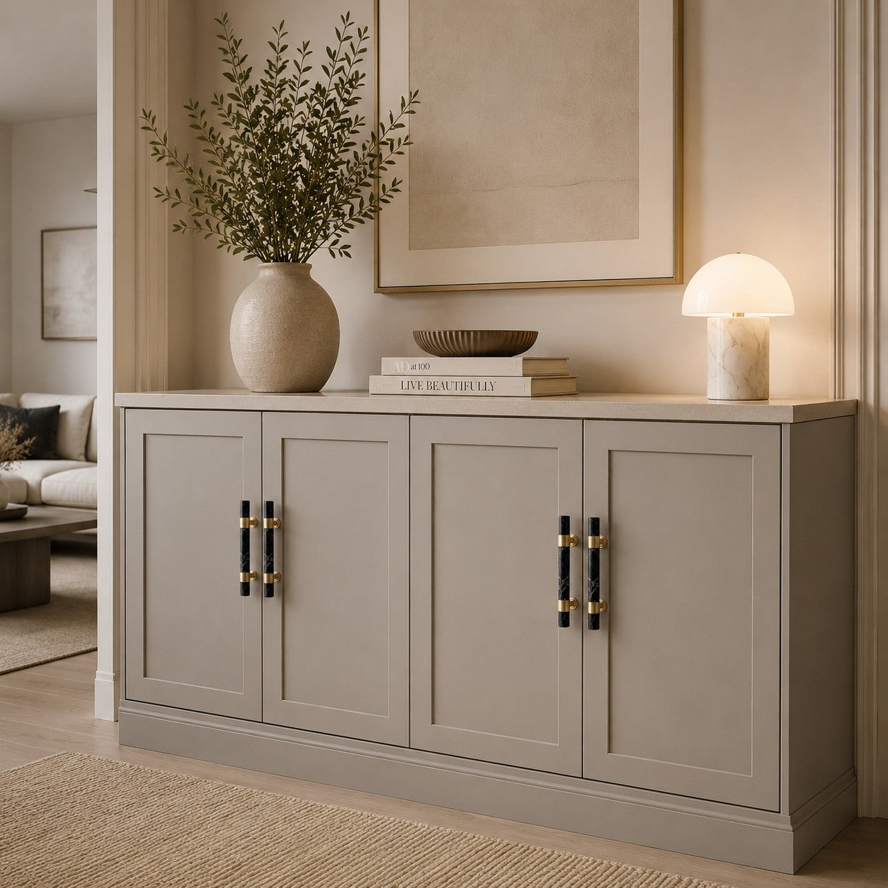 Ergonomic Brass & Marble Cabinet Handle (3.8 in Center-to-Center)
