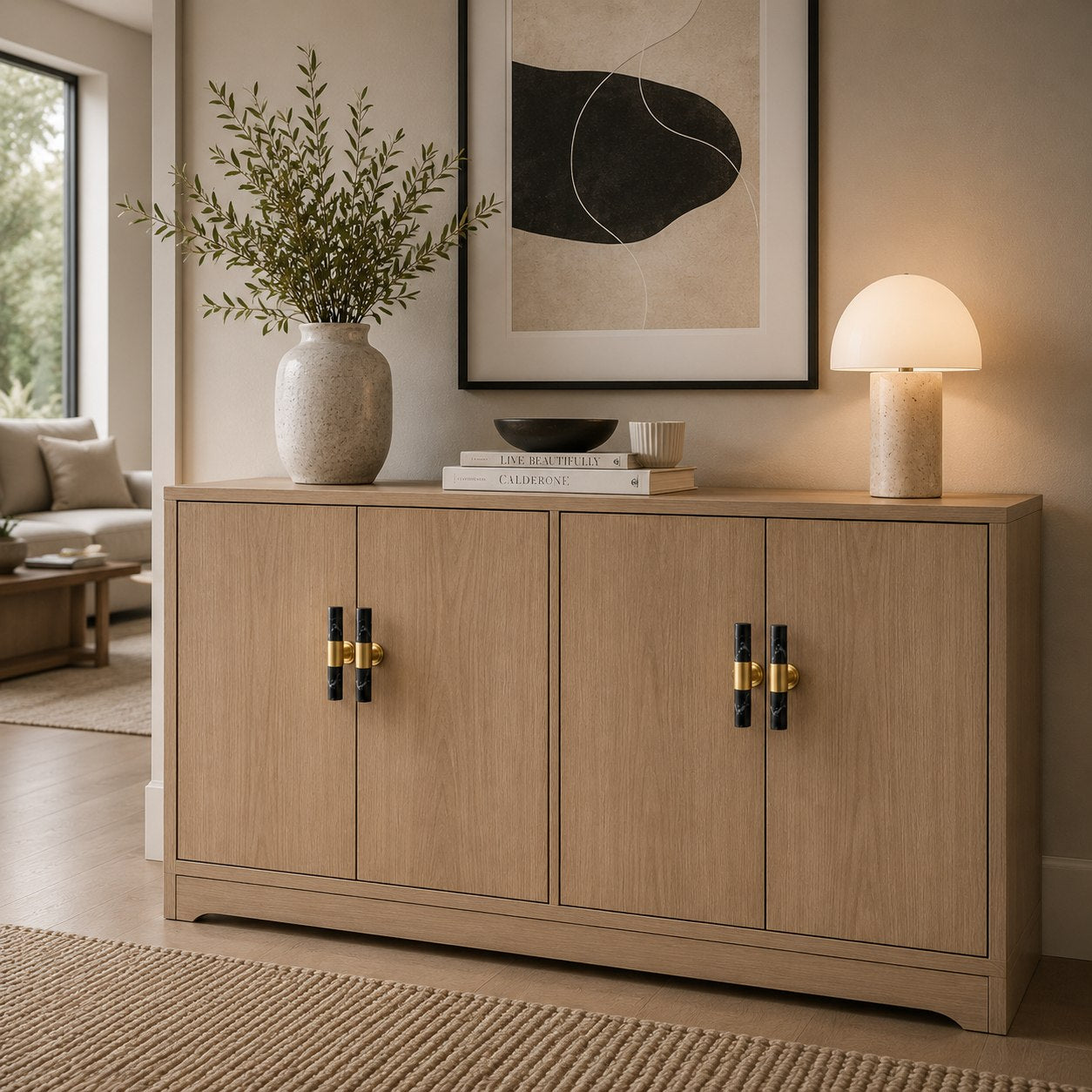 Ergonomic Brass & Marble Cabinet Handle (3.8 in Center-to-Center)