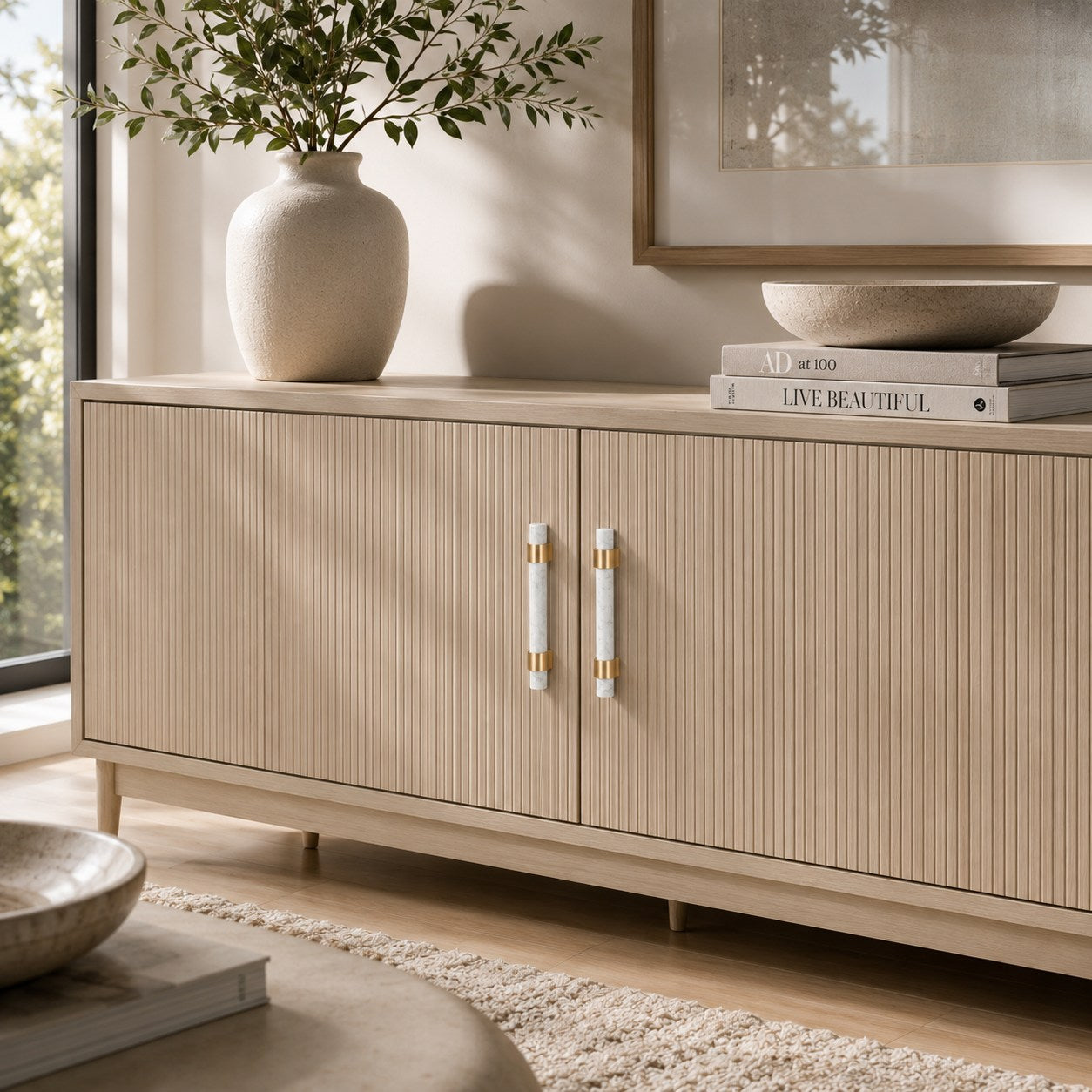 Ergonomic Brass & Marble Cabinet Handle (3.8 in Center-to-Center)