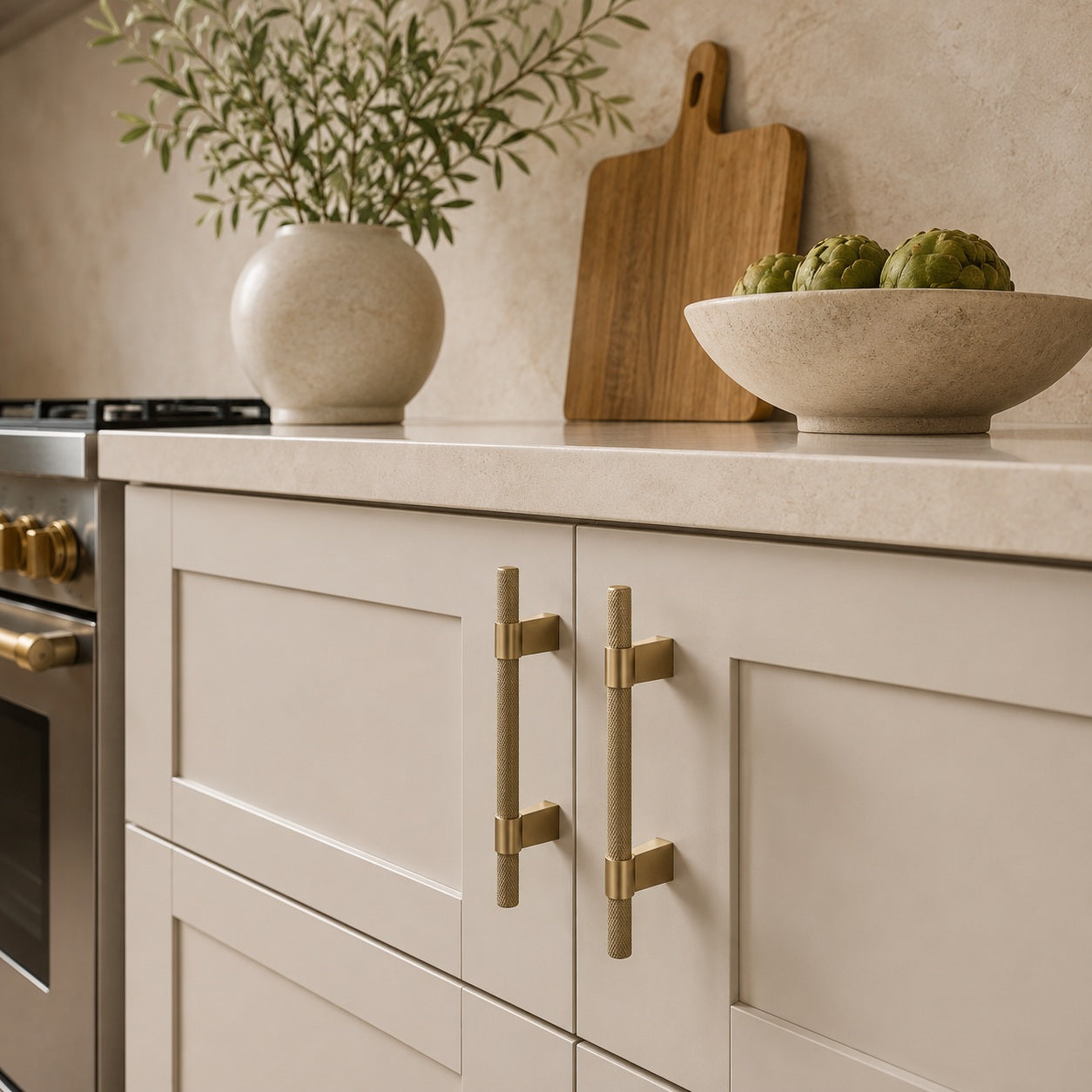 Ergonomic Brass & Marble Cabinet Handle (3.8 in Center-to-Center)