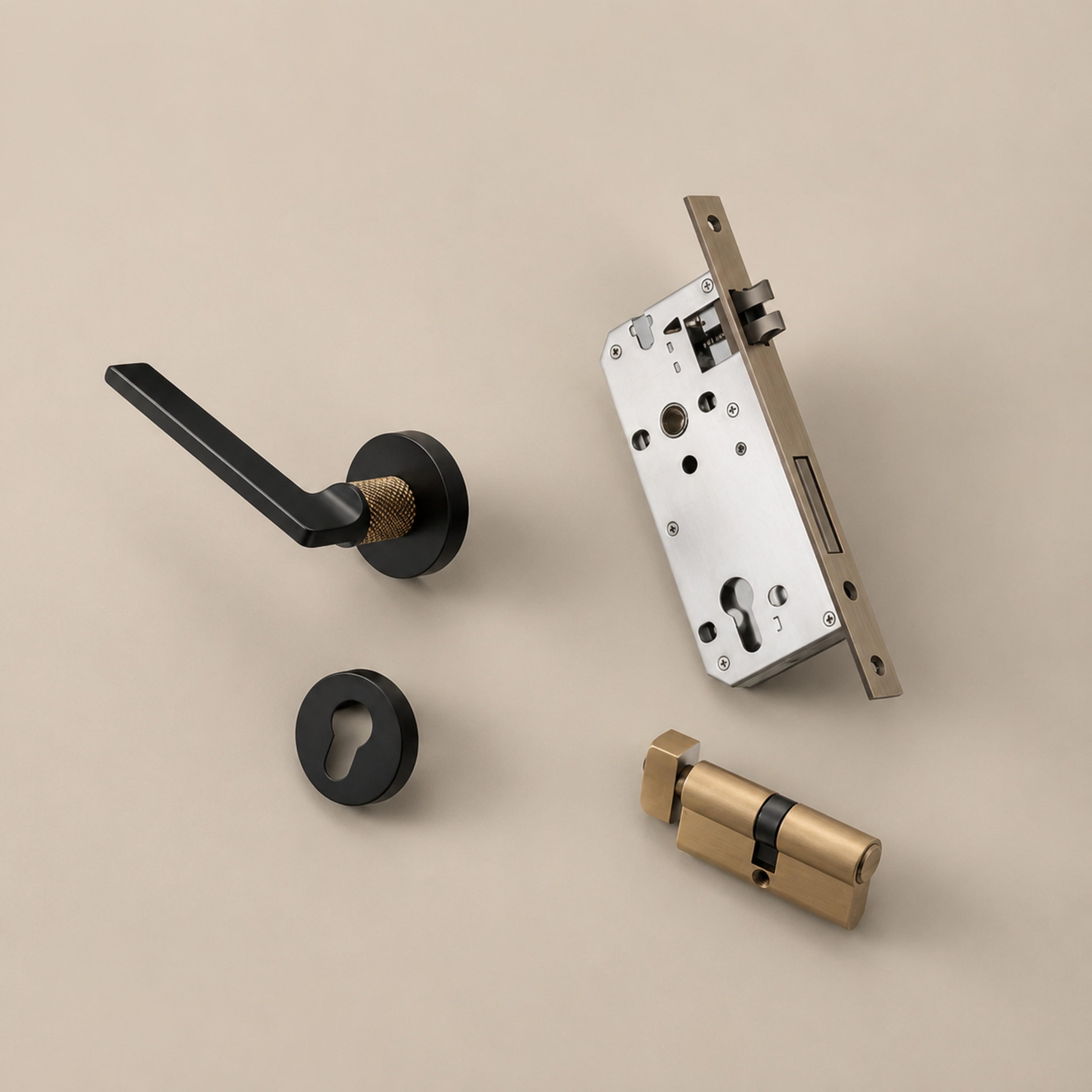 Ergonomic Matte Black & Brass Interior Door Handle Set (Multiple Configurations)
