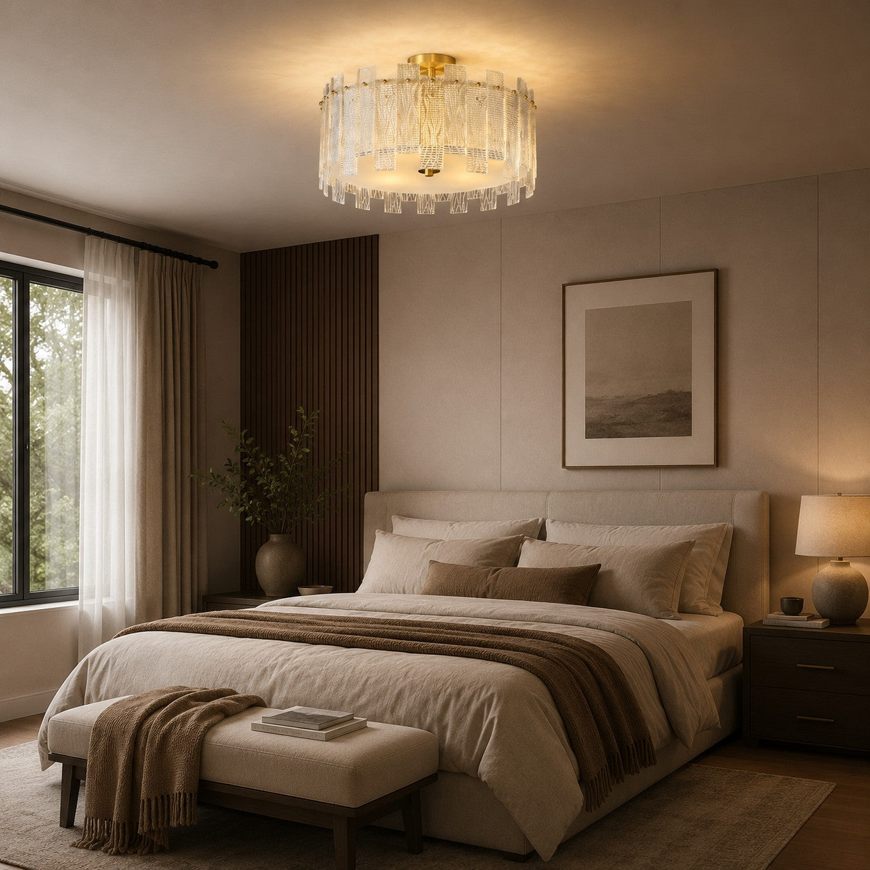Even Ambient Textured Glass & Copper Frame Semi-Flush Ceiling Light
