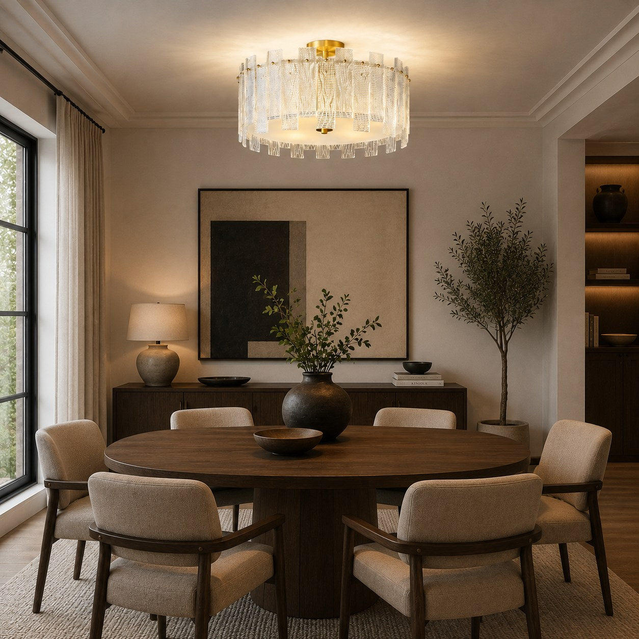Even Ambient Textured Glass & Copper Frame Semi-Flush Ceiling Light