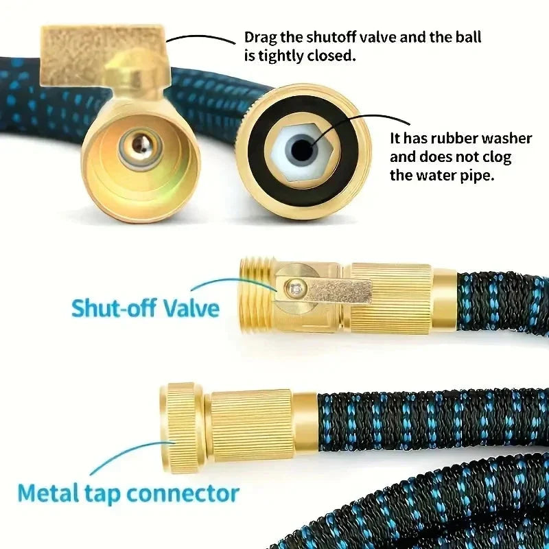 Expandable Garden Hose Auto-Retract Kink-Resistant Brass Fittings