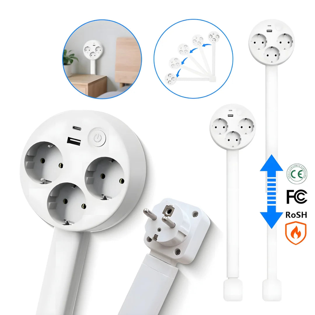 Extendable Power Outlet Three EU Sockets USB-A & USB-C