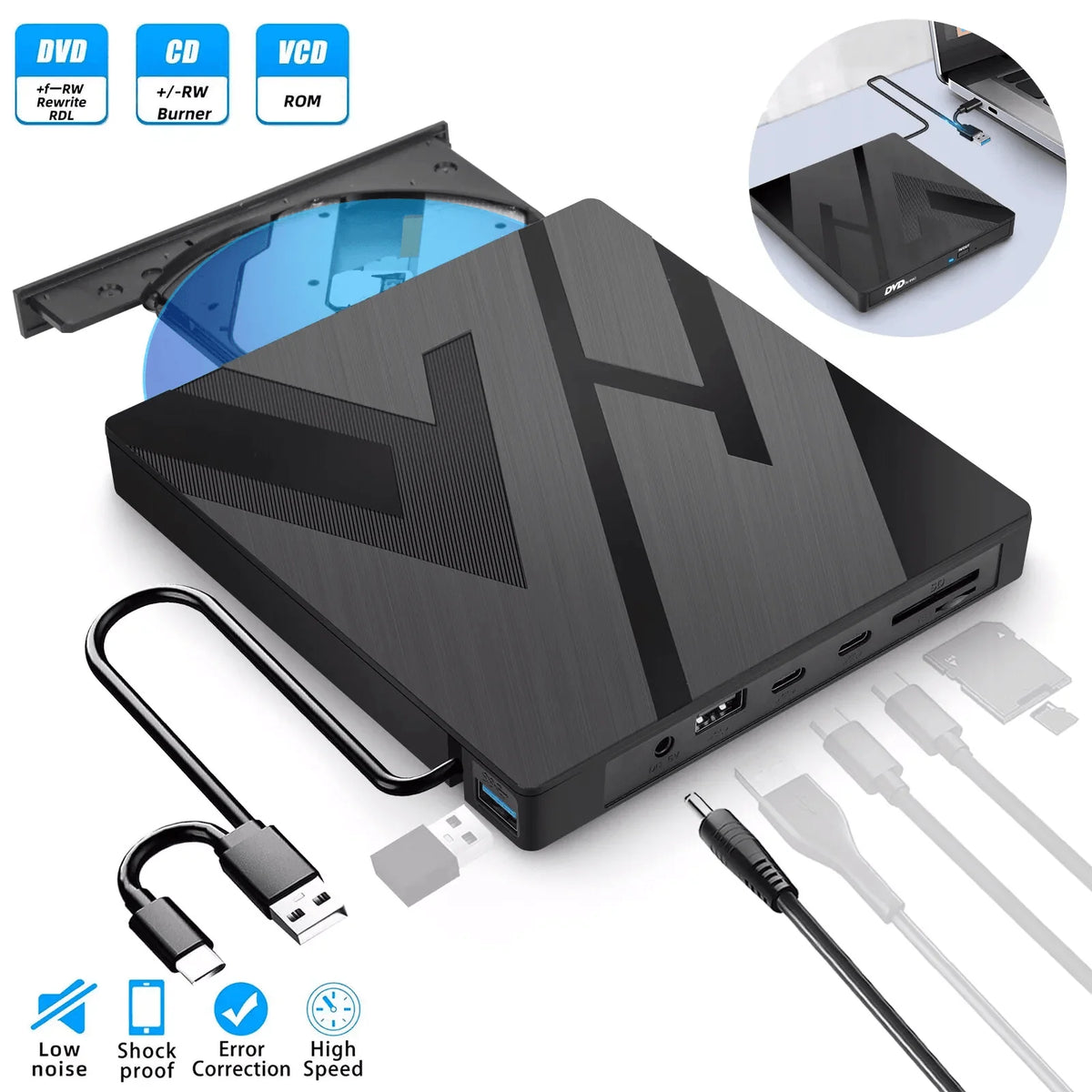 External Optical Drive 24X Read Speed SD Card Slot