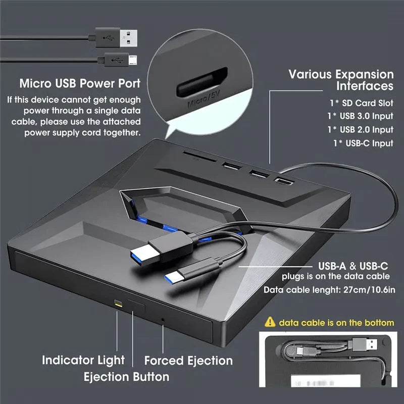 External Optical Drive 24X Read Speed SD Card Slot