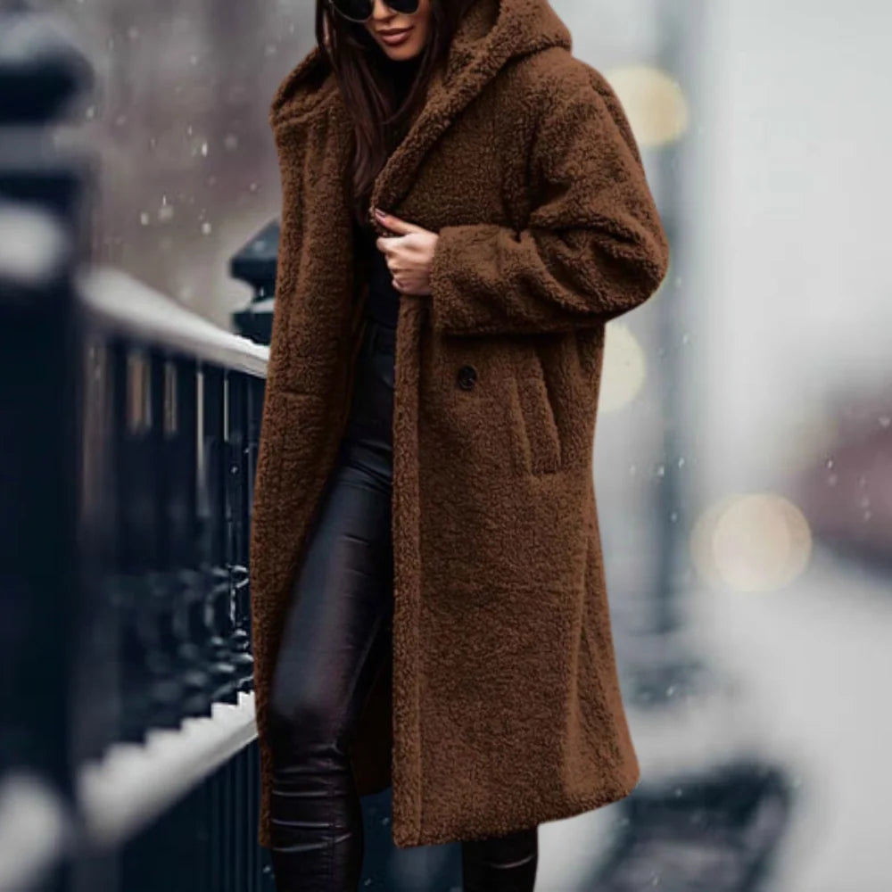 Faux Fur Coat Removable Hood Plush Lining