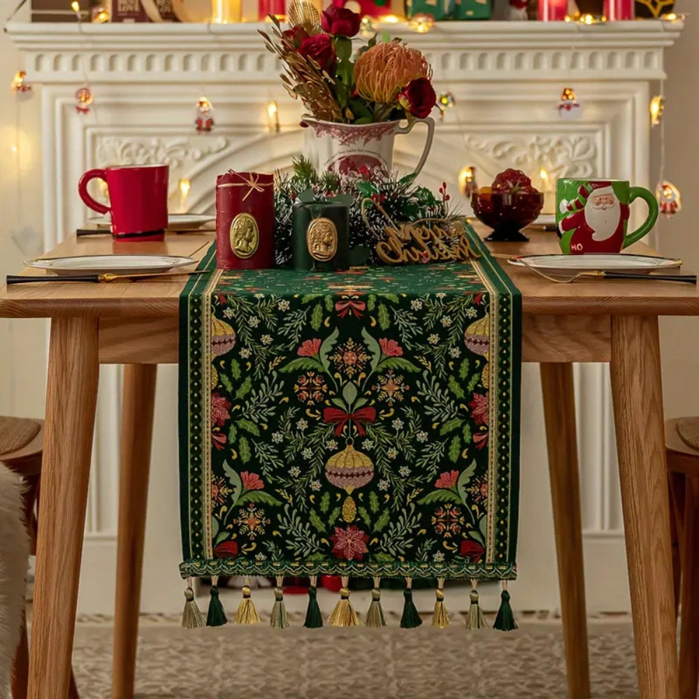Festive Botanical Tassel-Trim Polyester Table Runner