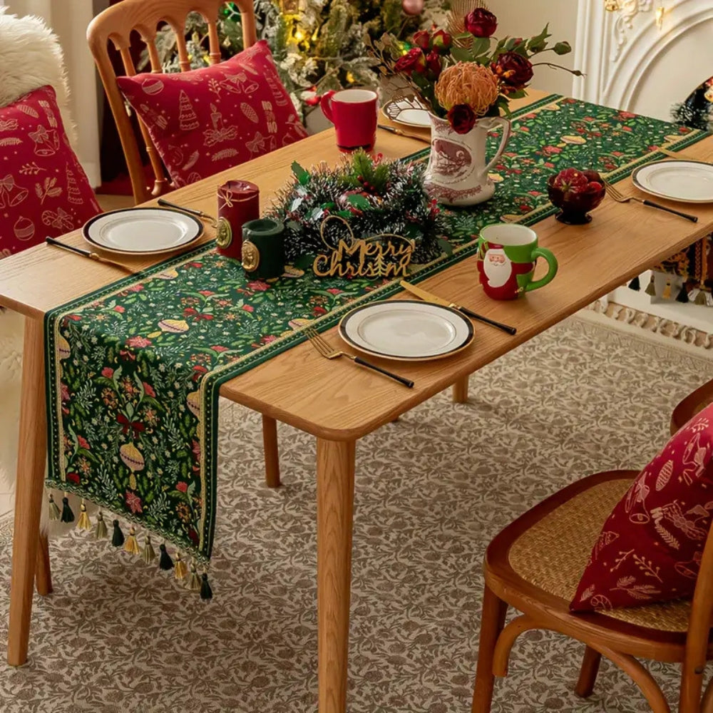 Festive Botanical Tassel-Trim Polyester Table Runner