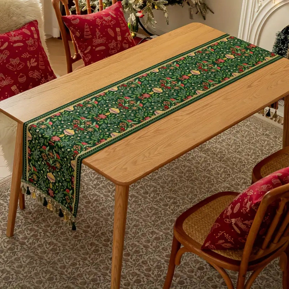 Festive Botanical Tassel-Trim Polyester Table Runner