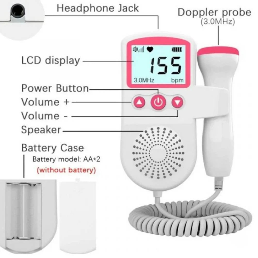 Fetal Doppler Monitor Clear Audio Backlit LCD Battery-Powered
