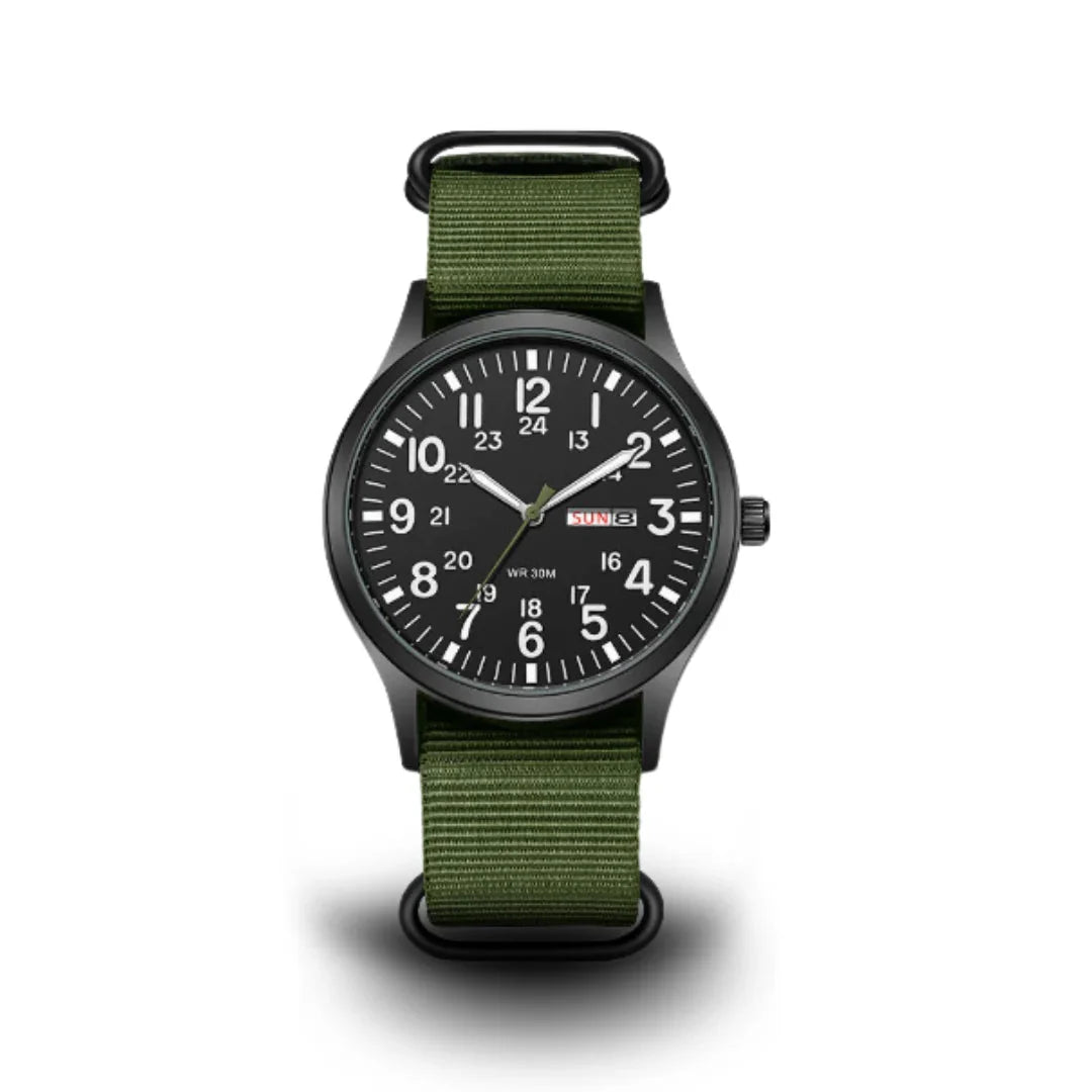 Field Watch Woven Fabric Strap Day-Date Display 24-Hour Dial
