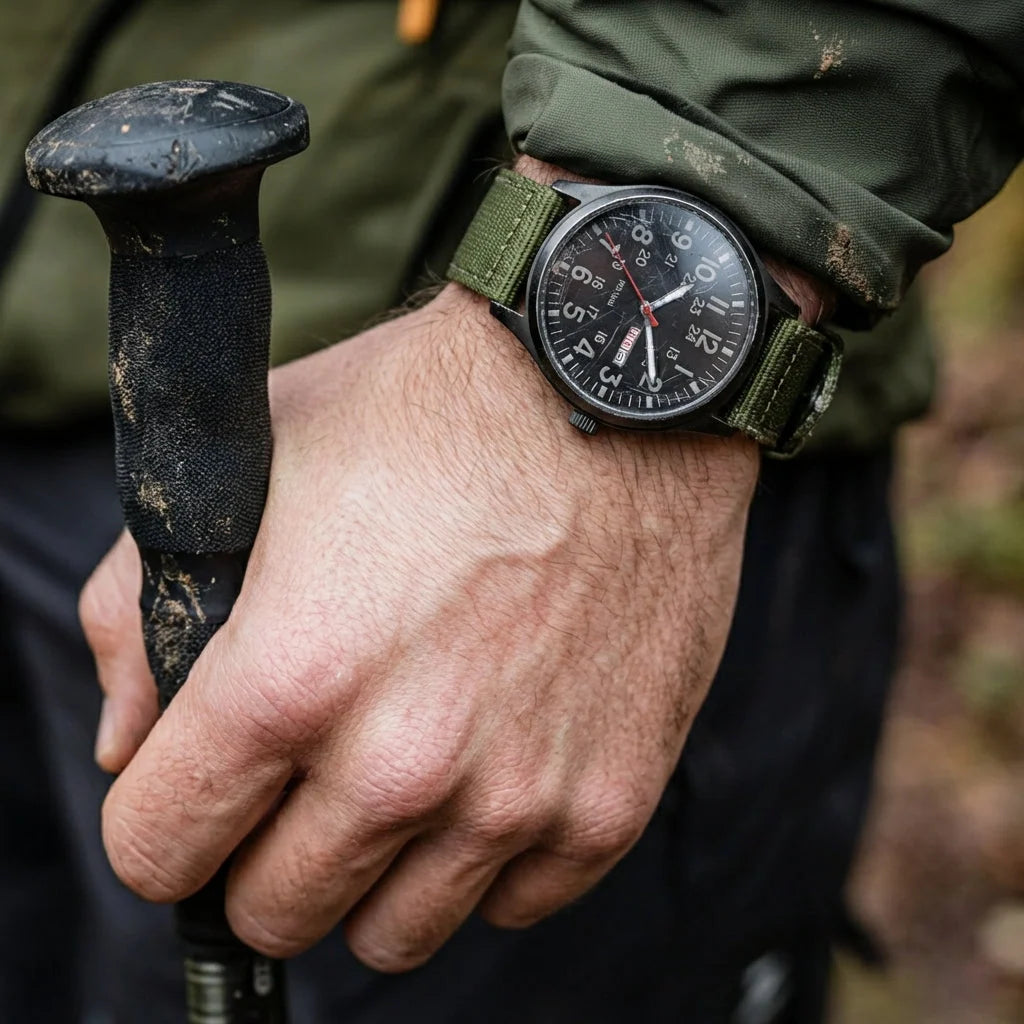 Field Watch Woven Fabric Strap Day-Date Display 24-Hour Dial