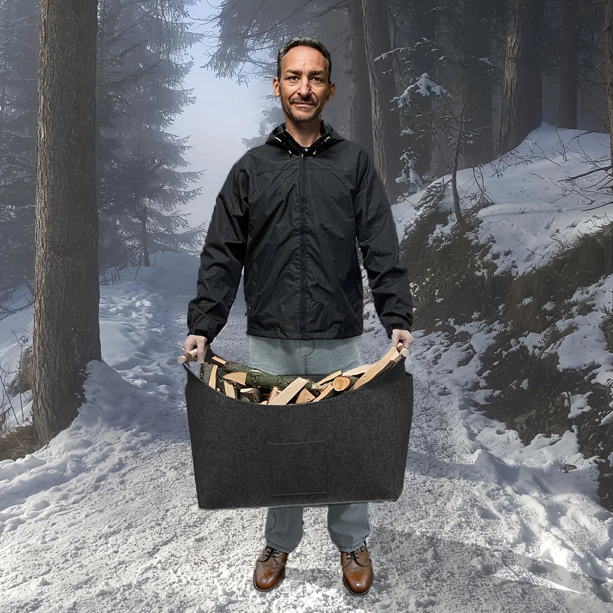 Firewood Basket 55 Liter Felt Bottom Wooden Handles