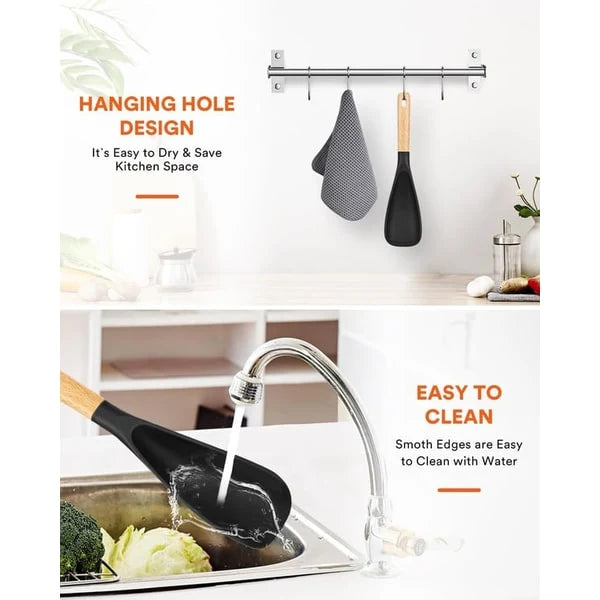 Fish Spatula Heat-Resistant Silicone Wooden Handle & Utensil Rest
