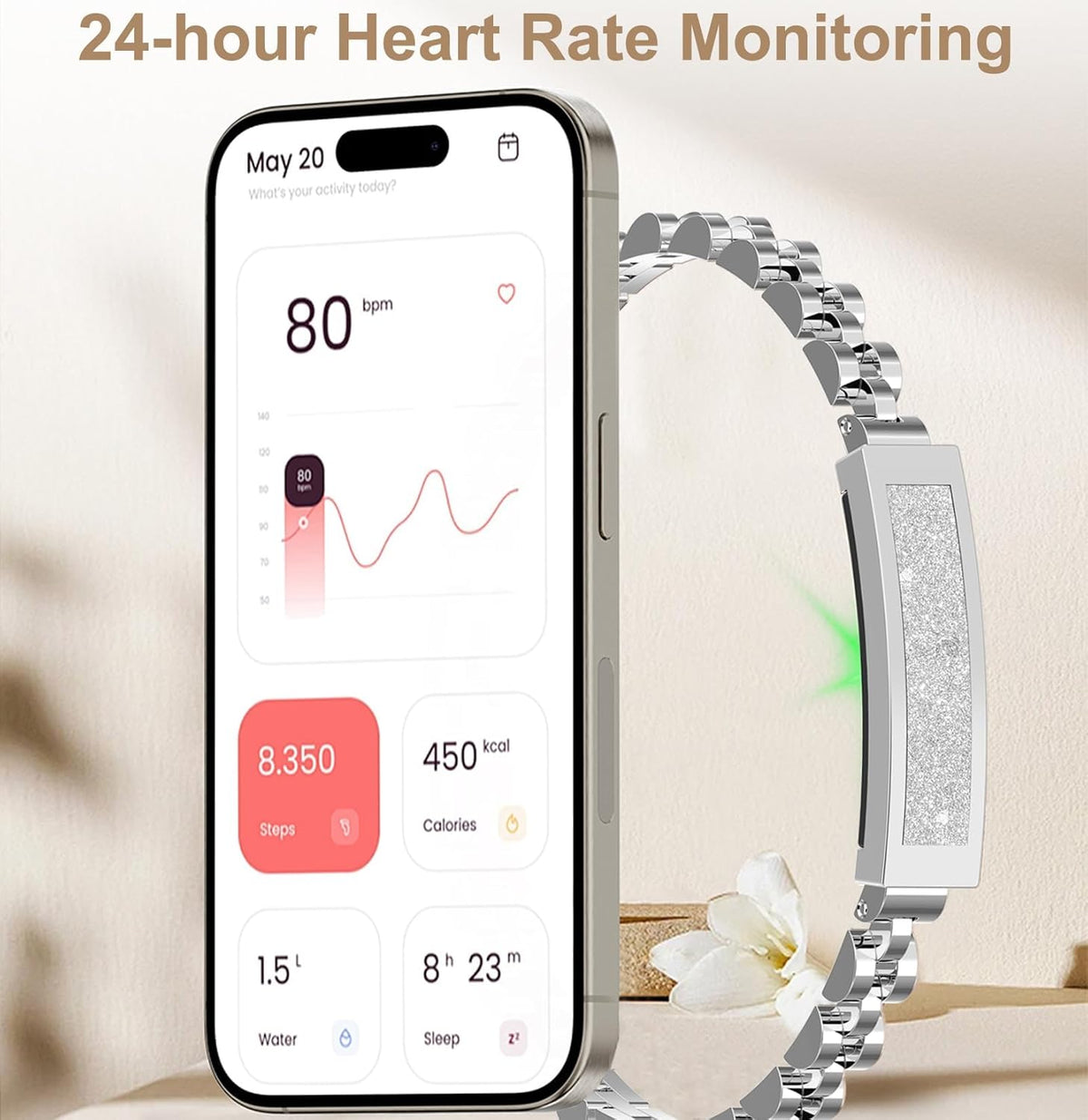 Fitness Tracker Bracelet Chain-Style Water-Resistant Heart Rate & Sleep