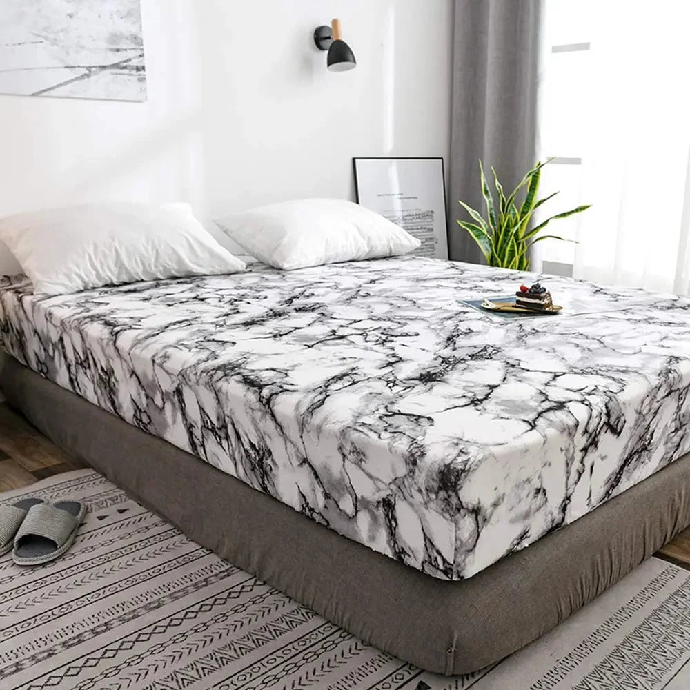 Fitted Sheet Marble Print Breathable Microfiber Deep Fit Elastic