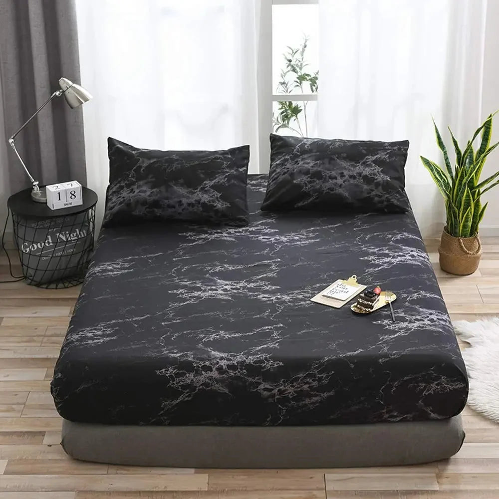 Fitted Sheet Marble Print Breathable Microfiber Deep Fit Elastic