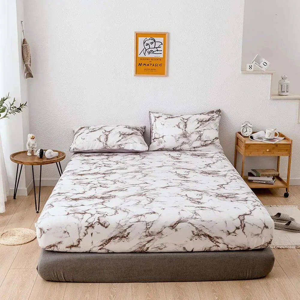 Fitted Sheet Marble Print Breathable Microfiber Deep Fit Elastic